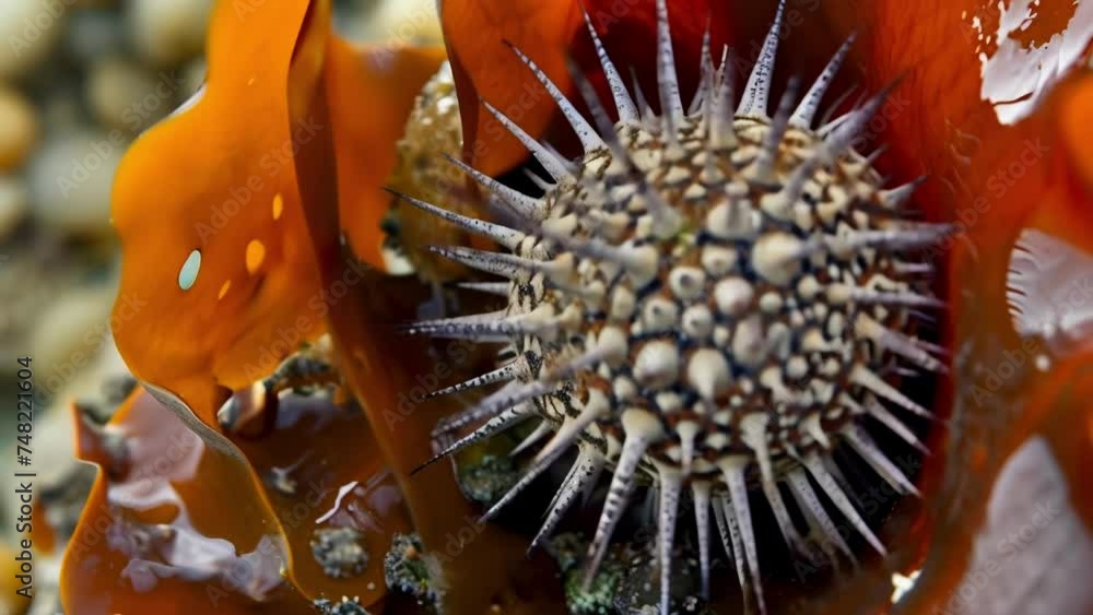 Poster closeup of a spiny sea urchin nestled a s of seaweed its intricate pattern of spines visible in shar