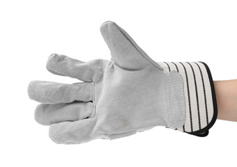 Woman in gardening glove on white background, closeup