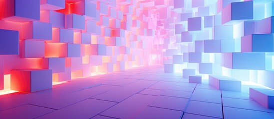 The room showcases an abstract architectural design with numerous concrete cubes of various sizes positioned on the white wall. The cubes are illuminated with neon lights,