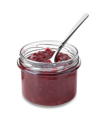 Fresh cranberry sauce in glass jar and spoon isolated on white