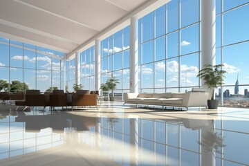 Modern office space with large windows on light and soft white background for business office design