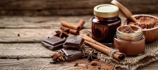 Chocolate skin care. Cosmetic jar with cocoa, lotion and serum, cinnamon sticks, chocolate, anise on rustic wooden background