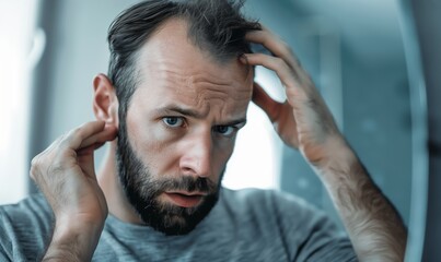 Portrait of a man worried about hair loss looking at himself in the mirror - obrazy, fototapety, plakaty