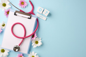 World health day: planning for a healthier future. Top view shot of clipboard, stethoscope, daisies...