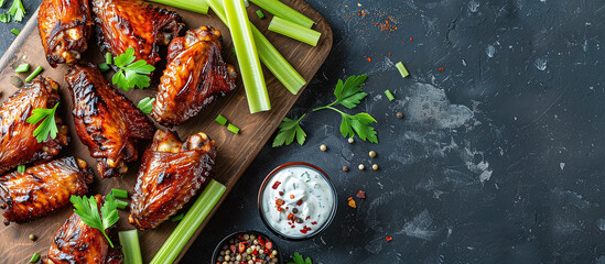 Chicken wings. Seasoning, sauce, celery sticks and ranch or blue cheese dressing.