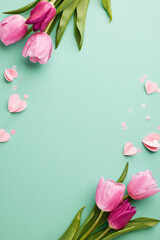 Mother's day freshness: spring's gentle touch. Top view vertical shot of tulips, pink paper hearts...