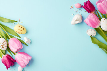 Easter delight: pastel harmony and spring blossoms. Top view shot of tulips, decorated easter eggs, bunny figurines and sugar sprinkles on  light blue background with space for season's greetings