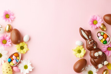 Easter sweetness: chocolate and flowers. Top view shot of chocolate bunny, easter eggs filled with...