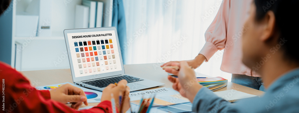 Poster a portrait of creativity graphic designer team select appropriate color for the project by using lap
