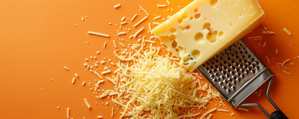 A block of cheese and a cheese grater on an orange background. Dairy product with calcium. Top view space to copy.