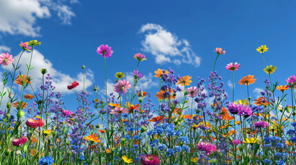 Obraz na płótnie Canvas flowerbed. colorful flowers over blue sky