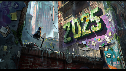 Comic-style representation for New Year featuring the text "2025" rendered as graffiti.