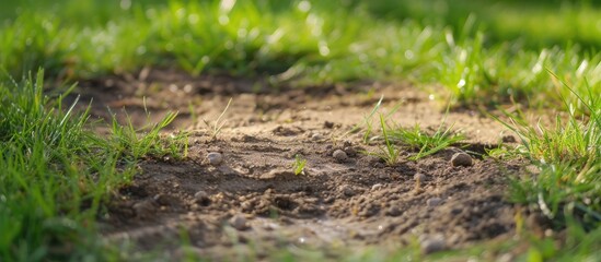A neglected patch of dirt and grass sits in the middle of a larger field, showing signs of pest and disease damage. The grass is patchy, and the lawn appears poorly maintained.