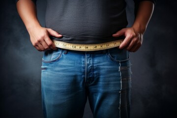 Man in oversized pants checks the waist with a centimeter  in weight loss concept. Diet, centimeter, fat