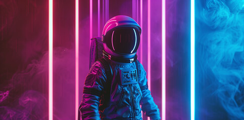 an astronaut in a spacesuit stands in front of neon lights, in the style of colorful gradients