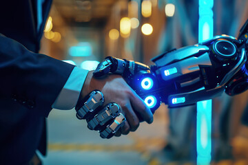 Handshake of human and robot, working together and collaboration with artificial intelligence, futuristic concept, generative ai