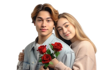 A Happy rose Day 24 years old girl and boy, Isolated on transparent PNG background, Generative ai