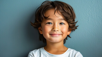Smiling Asian boy with wavy hair against blue wall