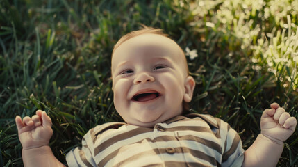 Cheerful baby laughing on a grassy field
