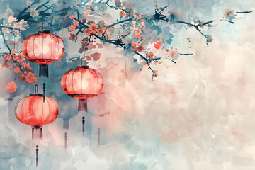 Japanese lanterns in watercolor background.