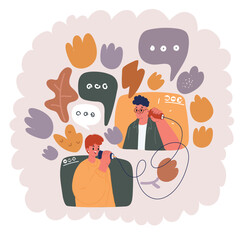 Vector illustration of man and woman chatting together with paper cup in massagers windows