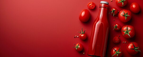 A bottle of ketchup and a tomato on a red background. Popular condiment for burgers and fries. Top view space to copy. © Dani Shah