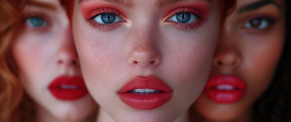Lipstick Makeup Advertising , close up Lips. Red, website advertising banner for lipstick, Showcase different shades on diverse skin tones to emphasize inclusivity, ui, ux, ui/ ux, website