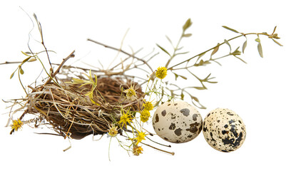 Obraz premium Three Eggs in Nest on Branch, cut out Easter symbol