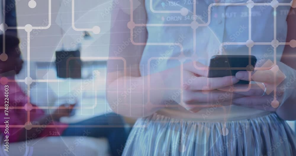 Poster animation of circuit board with data processing over caucasian businesswoman using smartphone