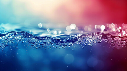 Close-up of a red and blue wave with bubbles, creating a swirling, abstract pattern.