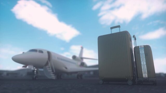 Travel luggage with waiting private jet. Private jet waiting for a flight. Travelling concept