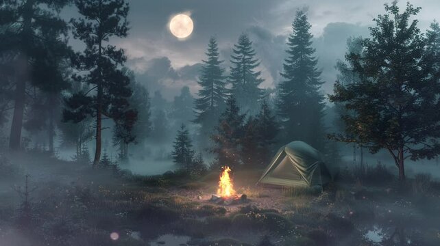 campfire at the campsite with the moon in the background at night, animation video looping motion