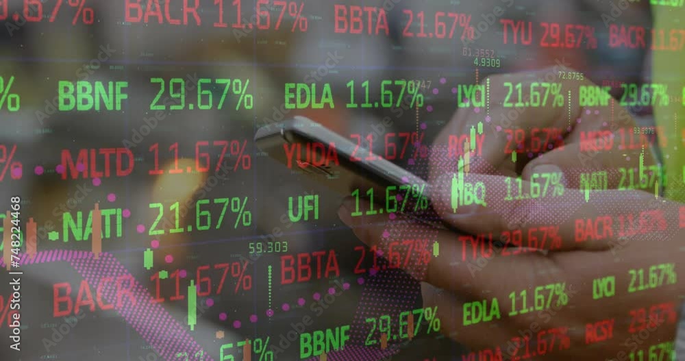 Poster animation of financial data processing over caucasian man using smartphone