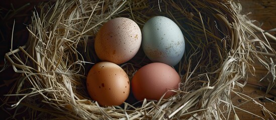 A simple display of four freerange eggs nestled in a hay-filled nest placed on a wooden table, creating a rustic and natural scene.