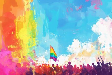 portrait of a group of LGBTQ people carrying rainbow flag with rainbow background
