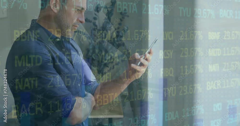 Poster animation of financial data processing over caucasian businessman using smartphone