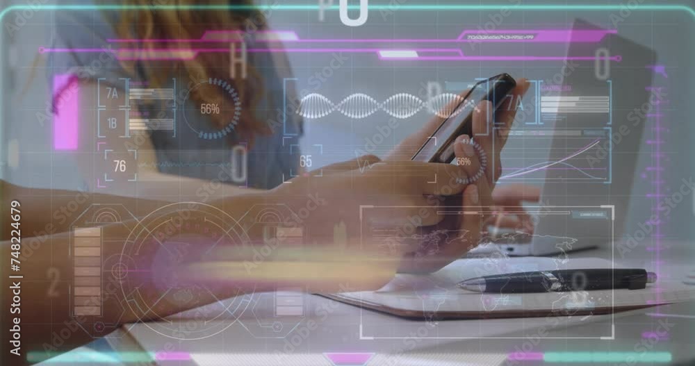 Poster animation of data processing over biracial businessman using smartphone