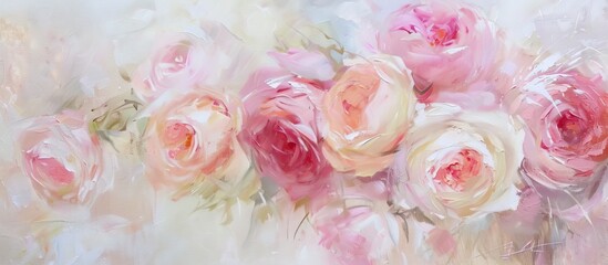 A painting featuring delicate pink roses set against a whimsical cream background. The roses are beautifully detailed, with soft shades of pink creating a mesmerizing effect.