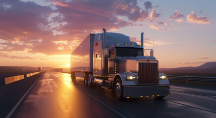 3D Animated Semi Truck Driving on Highway at Sunset
