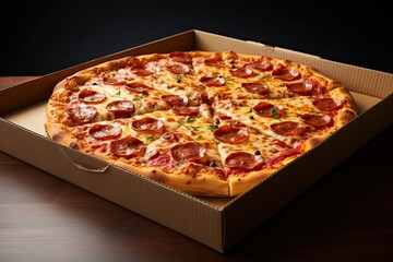 Delicious baked pizza in a cardboard box.
