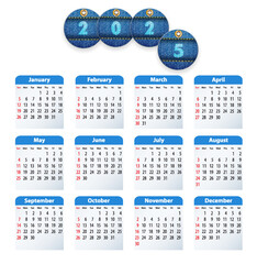 Blue English calendar for 2025 with circle cut jeans tags.Business, presentations, stationary, diary uses. Sundays first. Vector illustration