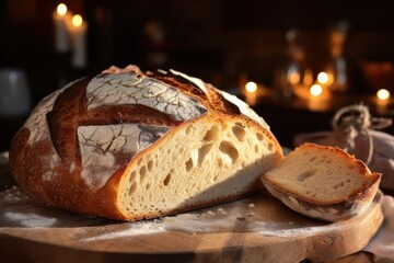 cutted rye round bread isolated on wooden table
