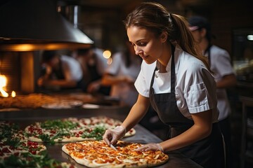 Pizzaiola girl prepares pizza for baking. A worker in an apron bakes a pizza in a bakery with mass production.