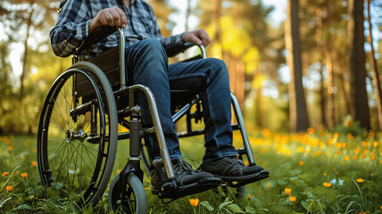 Obraz premium Man in Wheelchair Enjoying Nature in spring park