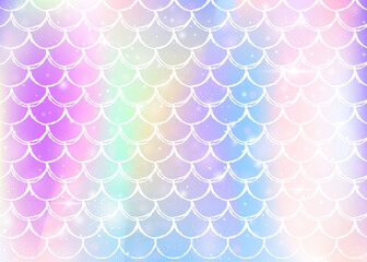 Princess mermaid background with kawaii rainbow scales pattern. Fish tail banner with magic sparkles and stars. Sea fantasy invitation for girlie party. Iridescent princess mermaid backdrop.