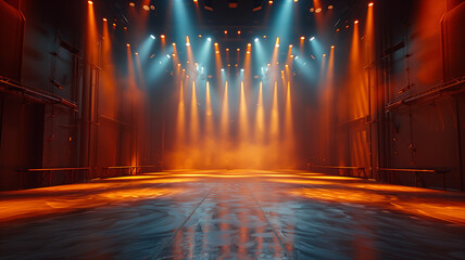 A deserted stage bathed in the glow of vibrant stage lights