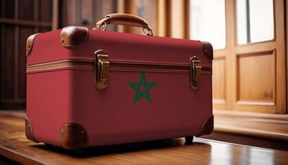 Old suitcase with flag of Morocco on wooden background.