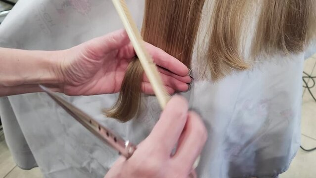 Hairdresser cuts off client's hair with scissors, shortens hair length