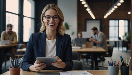 Happy woman in office with tablet, email or social media review for tech business, schedule or agenda, Smile, digital app and businesswoman networking online for market research, website and report - obrazy, fototapety, plakaty