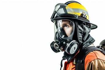 Obraz na płótnie Canvas Firefighter in gas mask isolated on white. Fire department, emergency response, rescue operations concept. Heroism and bravery. Design for banner, poster with copy space